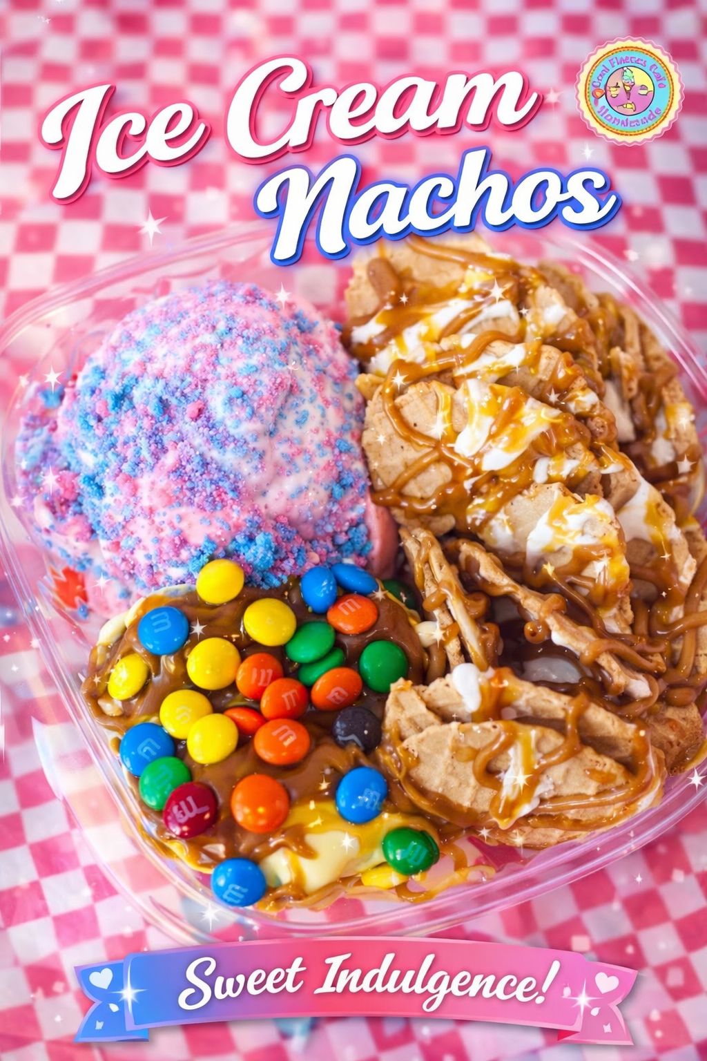 Cool Flames Cafe Ice Cream Nachos specialty dessert platter featuring waffle cone chips, ice cream scoops, and M&M toppings.