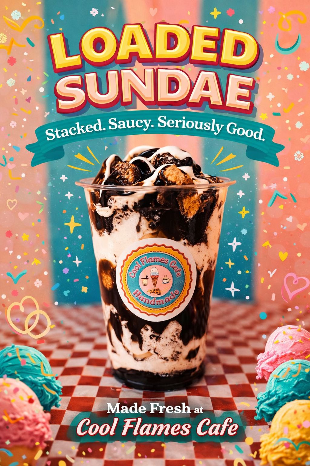 Cool Flames Cafe Loaded Sundae promotional poster showing decadent layered ice cream, chocolate syrup, and brownie dessert toppings.