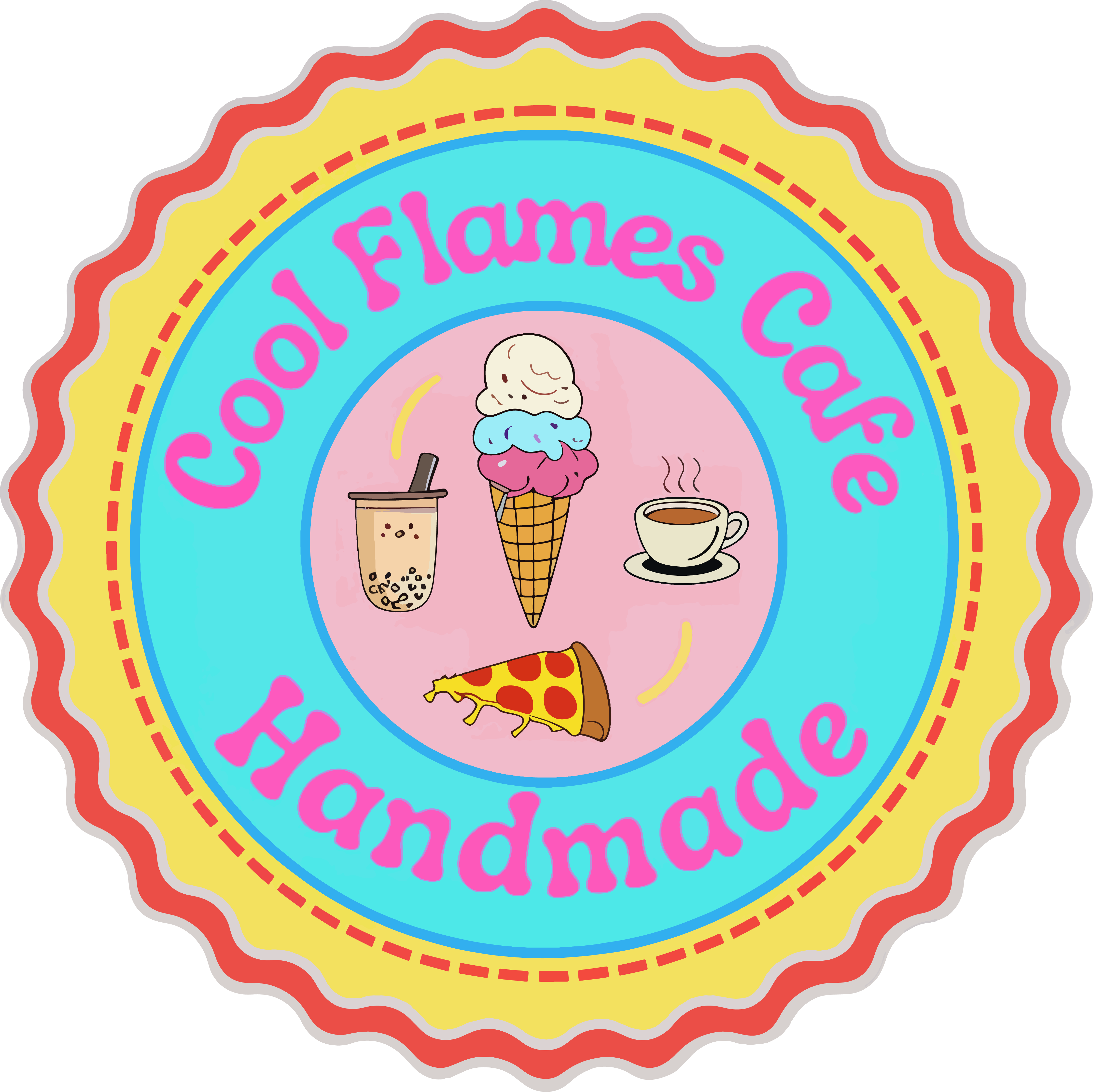 Cool Flames Cafe official logo graphic featuring handmade desserts, bubble tea, artisanal coffee, and pizza.