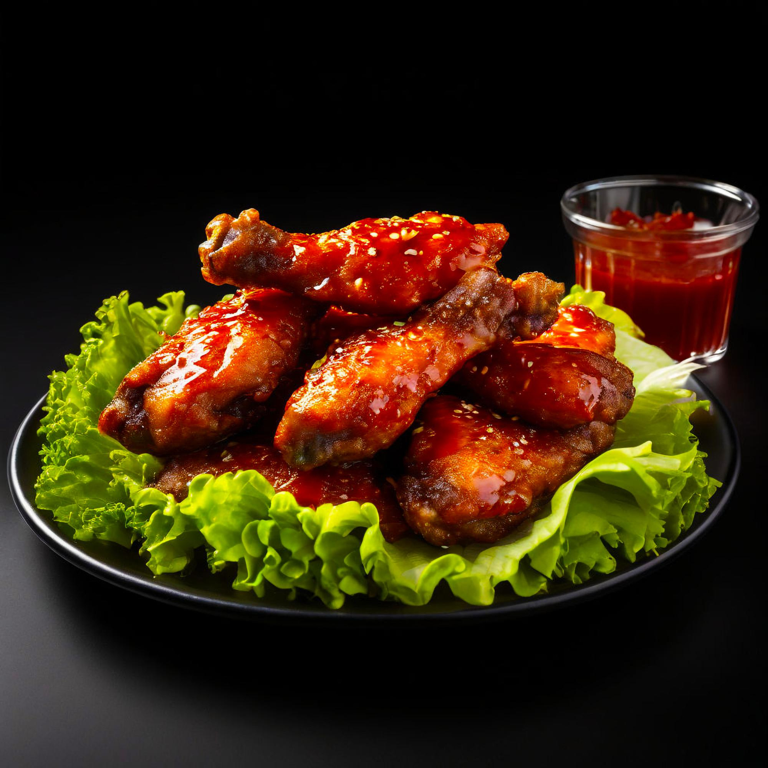 Crispy glazed barbecue chicken wings garnished with sesame seeds served on lettuce with dipping sauce.