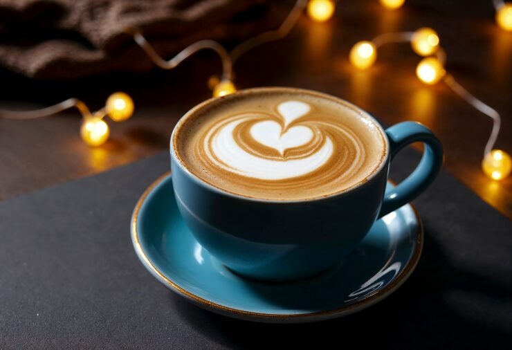 Hot coffee with heart latte art served in a teal ceramic cup with cozy warm lighting background.