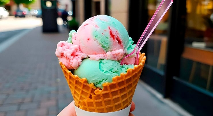 Mint green and strawberry pink ice cream scoops in a waffle cone with pink spoon served at Cool Flames Cafe.